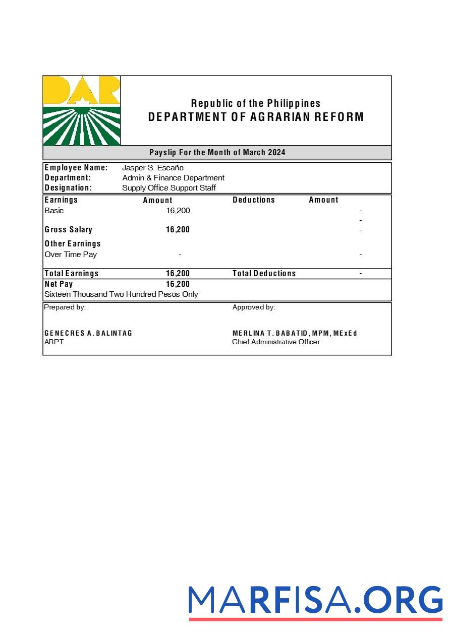 Downloadable Philippines Department of Agrarian Reform payslip real example